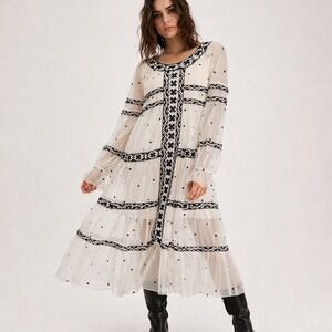 Free People White‎ Embroidered Swiss Dot Sheer Mesh Ruffled Boho Hipster Dress L